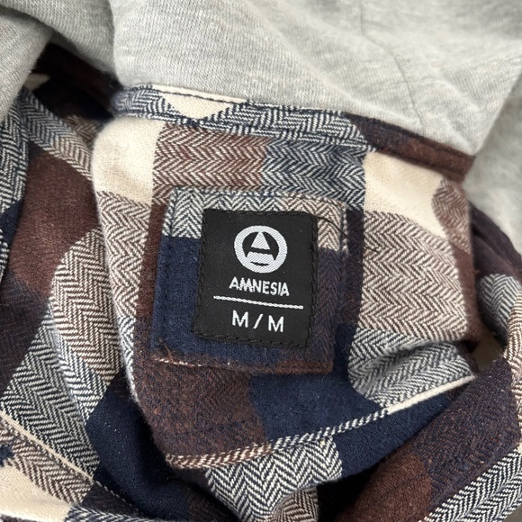 Amnesia Mens Hooded Plaid Flannel Long Sleeve Shirt Navy Blue & Brown Size M - Picture 7 of 7